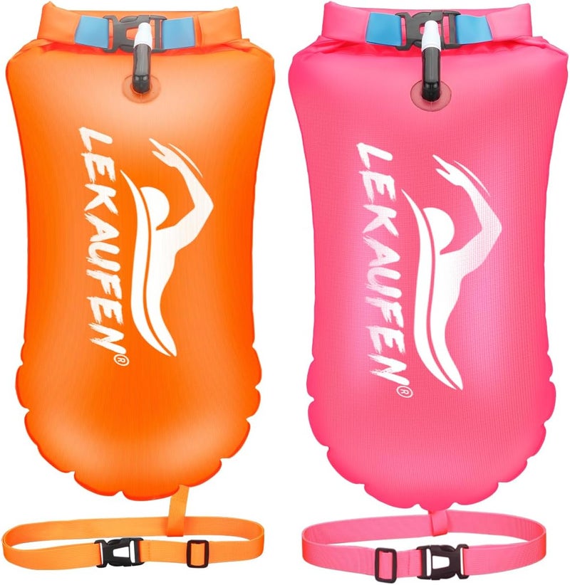 LeKaufen Swim Buoy for Open Water 2 Pack, 20L Swim Safety Float Waterproof Dry Bag for Swimmers Triathletes Kayakers Snorkelers, Swimming Pull Buoy for Safer Swim Training (Orange & Pink) - Image 1